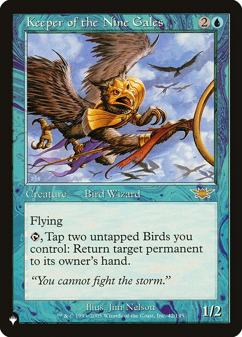 Flying
{T}, Tap two untapped Birds you control: Return target permanent to its owner's hand.