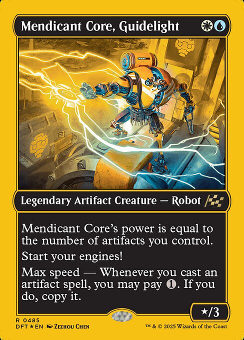 Mendicant Core's power is equal to the number of artifacts you control.
Start your engines! (If you have no speed, it starts at 1. It increases once on each of your turns when an opponent loses life. Max speed is 4.)
Max speed — Whenever you cast an artifact spell, you may pay {1}. If you do, copy it. (The copy becomes a token.)