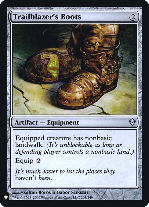 Equipped creature has nonbasic landwalk. (It can't be blocked as long as defending player controls a nonbasic land.)
Equip {2}