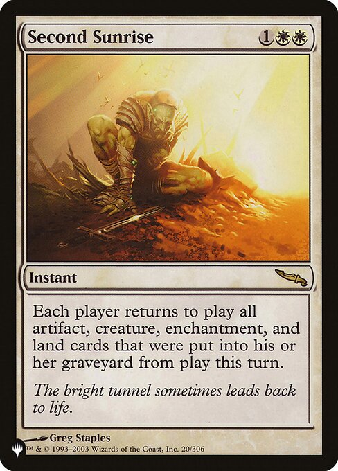 Each player returns to the battlefield all artifact, creature, enchantment, and land cards in their graveyard that were put there from the battlefield this turn.