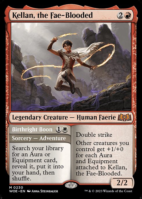 Double strike
Other creatures you control get +1/+0 for each Aura and Equipment attached to Kellan, the Fae-Blooded. Search your library for an Aura or Equipment card, reveal it, put it into your hand, then shuffle.