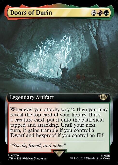 Whenever you attack, scry 2, then you may reveal the top card of your library. If it's a creature card, put it onto the battlefield tapped and attacking. Until your next turn, it gains trample if you control a Dwarf and hexproof if you control an Elf.