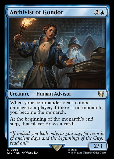 When your commander deals combat damage to a player, if there is no monarch, you become the monarch.
At the beginning of the monarch's end step, that player draws a card.