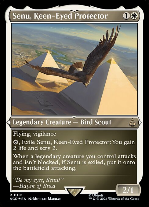 Flying, vigilance
{T}, Exile Senu, Keen-Eyed Protector: You gain 2 life and scry 2.
When a legendary creature you control attacks and isn't blocked, if Senu is exiled, put it onto the battlefield attacking.