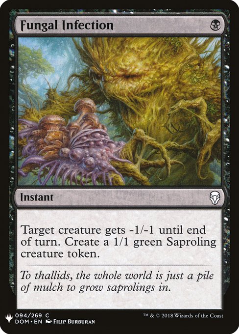Target creature gets -1/-1 until end of turn. Create a 1/1 green Saproling creature token.