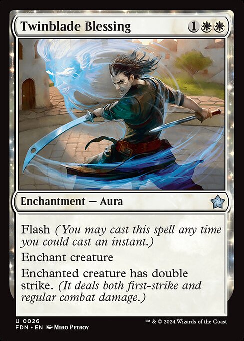 Flash (You may cast this spell any time you could cast an instant.)
Enchant creature
Enchanted creature has double strike. (It deals both first-strike and regular combat damage.)