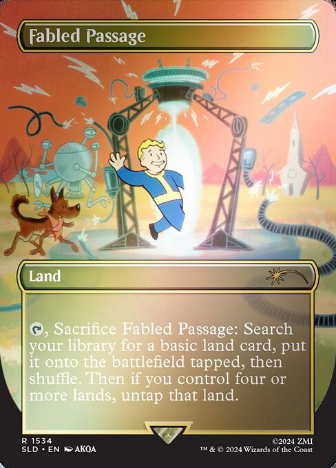{T}, Sacrifice Fabled Passage: Search your library for a basic land card, put it onto the battlefield tapped, then shuffle. Then if you control four or more lands, untap that land.