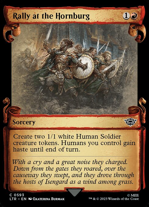 Create two 1/1 white Human Soldier creature tokens. Humans you control gain haste until end of turn.