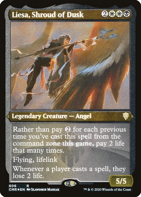 Rather than pay {2} for each previous time you've cast this spell from the command zone this game, pay 2 life that many times.
Flying, lifelink
Whenever a player casts a spell, they lose 2 life.