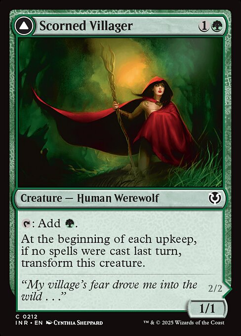 {T}: Add {G}.
At the beginning of each upkeep, if no spells were cast last turn, transform Scorned Villager.   Vigilance
{T}: Add {G}{G}.
At the beginning of each upkeep, if a player cast two or more spells last turn, transform Moonscarred Werewolf.