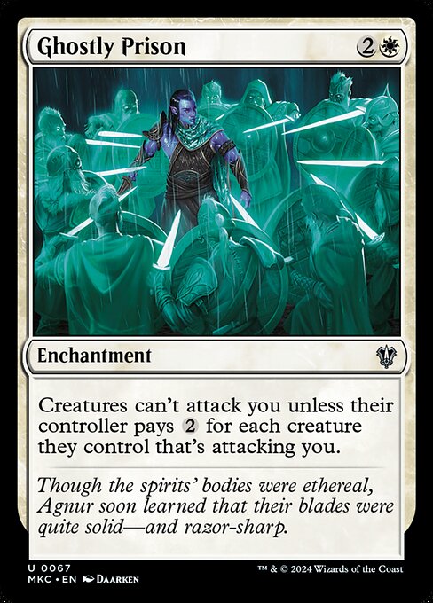 Creatures can't attack you unless their controller pays {2} for each creature they control that's attacking you.