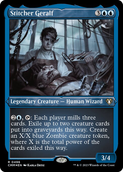 {2}{U}, {T}: Each player mills three cards. Exile up to two creature cards put into graveyards this way. Create an X/X blue Zombie creature token, where X is the total power of the cards exiled this way.