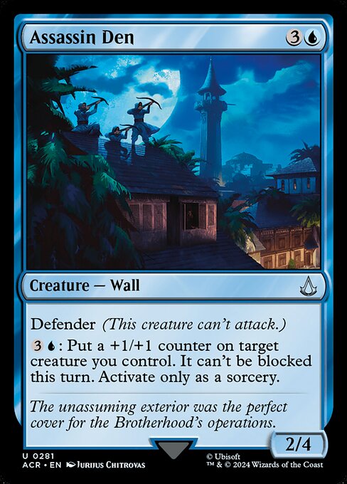 Defender (This creature can't attack.)
{3}{U}: Put a +1/+1 counter on target creature you control. It can't be blocked this turn. Activate only as a sorcery.