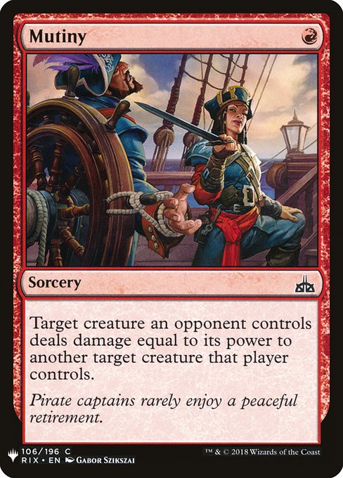 Target creature an opponent controls deals damage equal to its power to another target creature that player controls.