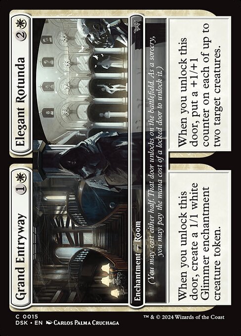 When you unlock this door, create a 1/1 white Glimmer enchantment creature token.
(You may cast either half. That door unlocks on the battlefield. As a sorcery, you may pay the mana cost of a locked door to unlock it.) When you unlock this door, put a +1/+1 counter on each of up to two target creatures.
(You may cast either half. That door unlocks on the battlefield. As a sorcery, you may pay the mana cost of a locked door to unlock it.)