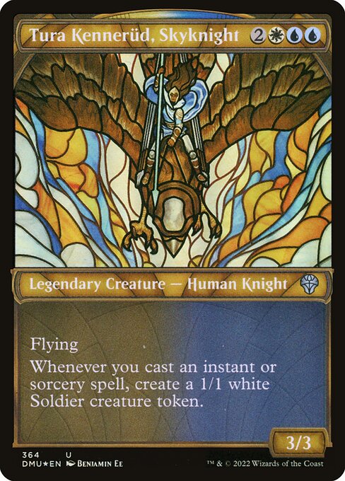 Flying
Whenever you cast an instant or sorcery spell, create a 1/1 white Soldier creature token.