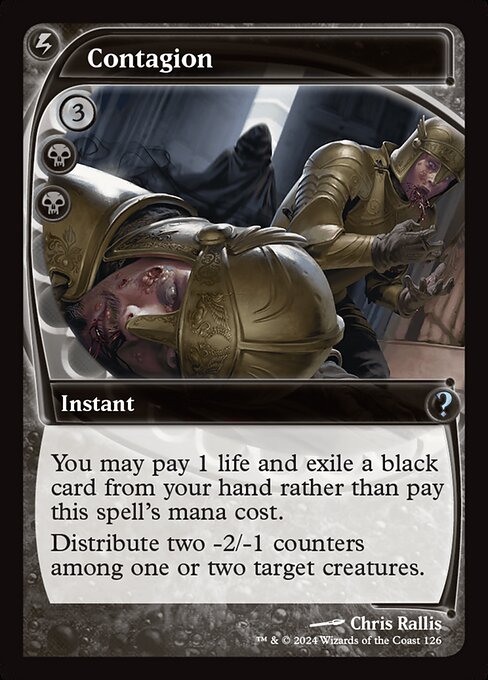 You may pay 1 life and exile a black card from your hand rather than pay this spell's mana cost.
Distribute two -2/-1 counters among one or two target creatures.