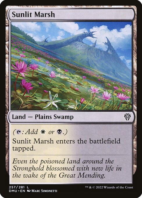 ({T}: Add {W} or {B}.)
Sunlit Marsh enters the battlefield tapped.