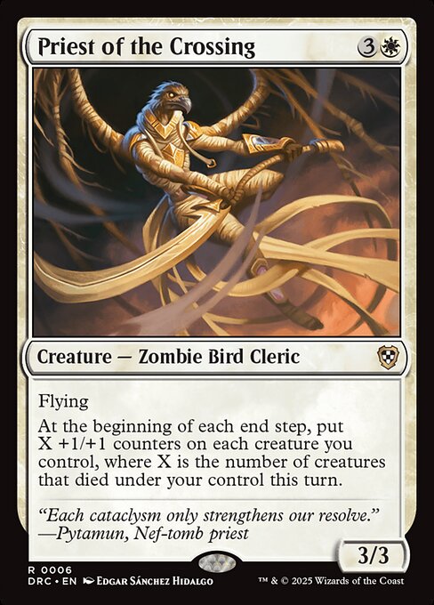 Flying
At the beginning of each end step, put X +1/+1 counters on each creature you control, where X is the number of creatures that died under your control this turn.
