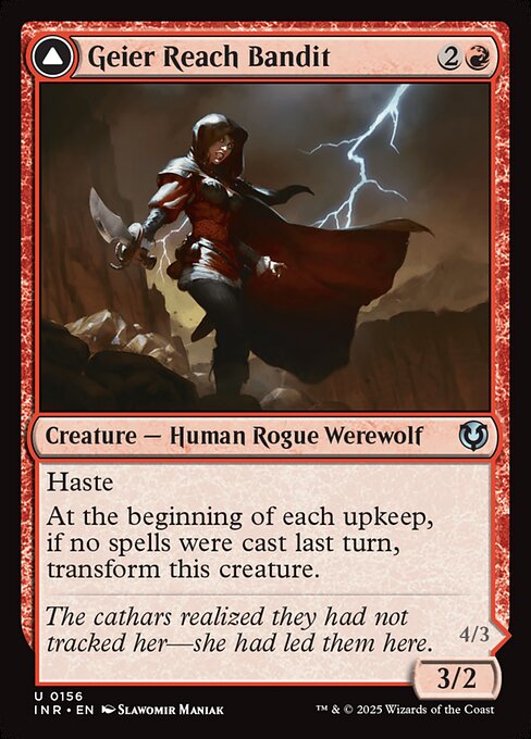Haste
At the beginning of each upkeep, if no spells were cast last turn, transform Geier Reach Bandit.   Whenever a Werewolf you control enters, you may transform it.
At the beginning of each upkeep, if a player cast two or more spells last turn, transform Vildin-Pack Alpha.