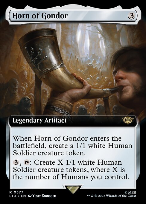 When Horn of Gondor enters the battlefield, create a 1/1 white Human Soldier creature token.
{3}, {T}: Create X 1/1 white Human Soldier creature tokens, where X is the number of Humans you control.