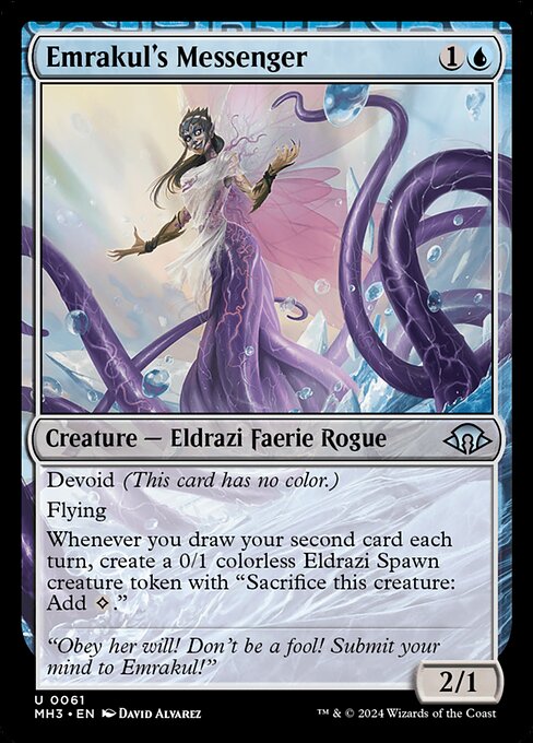 Devoid (This card has no color.)
Flying
Whenever you draw your second card each turn, create a 0/1 colorless Eldrazi Spawn creature token with "Sacrifice this creature: Add {C}."