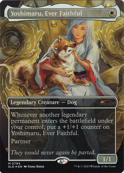 Whenever another legendary permanent enters the battlefield under your control, put a +1/+1 counter on Yoshimaru, Ever Faithful.
Partner (You can have two commanders if both have partner.)