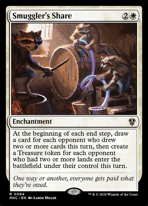 At the beginning of each end step, draw a card for each opponent who drew two or more cards this turn, then create a Treasure token for each opponent who had two or more lands enter the battlefield under their control this turn.