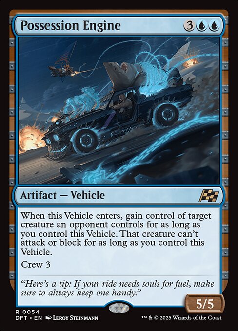 When this Vehicle enters, gain control of target creature an opponent controls for as long as you control this Vehicle. That creature can't attack or block for as long as you control this Vehicle.
Crew 3