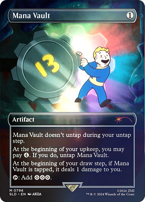 Mana Vault doesn't untap during your untap step.
At the beginning of your upkeep, you may pay {4}. If you do, untap Mana Vault.
At the beginning of your draw step, if Mana Vault is tapped, it deals 1 damage to you.
{T}: Add {C}{C}{C}.