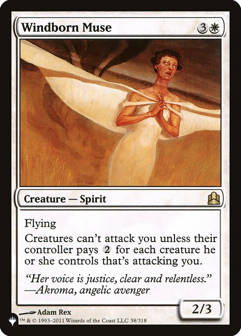 Flying
Creatures can't attack you unless their controller pays {2} for each creature they control that's attacking you.