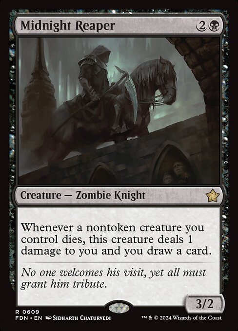 Whenever a nontoken creature you control dies, this creature deals 1 damage to you and you draw a card.