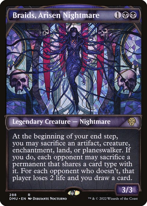At the beginning of your end step, you may sacrifice an artifact, creature, enchantment, land, or planeswalker. If you do, each opponent may sacrifice a permanent that shares a card type with it. For each opponent who doesn't, that player loses 2 life and you draw a card.