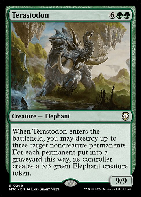 When Terastodon enters, you may destroy up to three target noncreature permanents. For each permanent put into a graveyard this way, its controller creates a 3/3 green Elephant creature token.