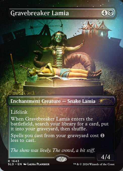 Lifelink
When Gravebreaker Lamia enters the battlefield, search your library for a card, put it into your graveyard, then shuffle.
Spells you cast from your graveyard cost {1} less to cast.
