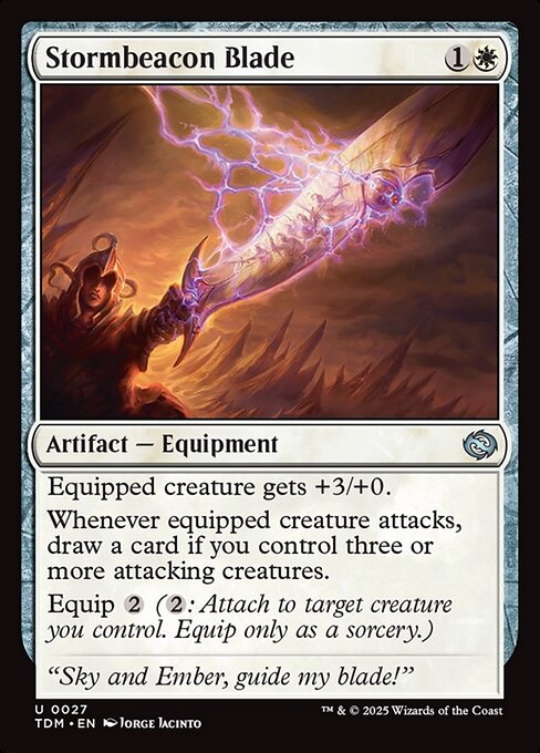 Equipped creature gets +3/+0.
Whenever equipped creature attacks, draw a card if you control three or more attacking creatures.
Equip {2} ({2}: Attach to target creature you control. Equip only as a sorcery.)