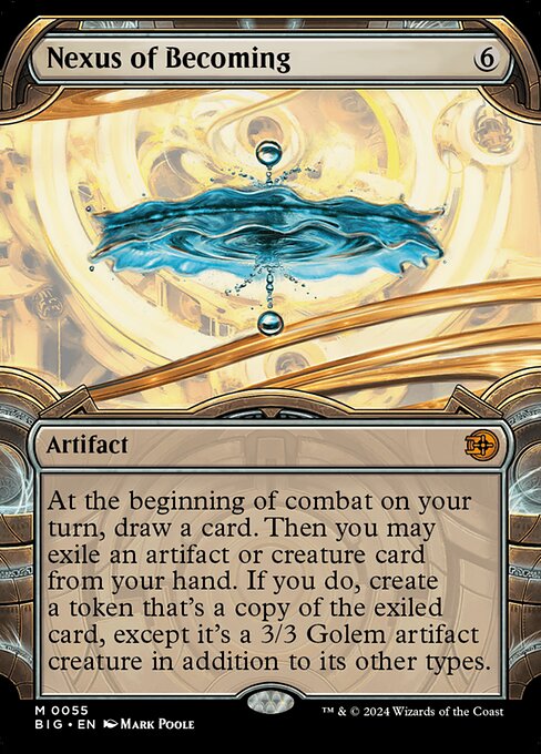 At the beginning of combat on your turn, draw a card. Then you may exile an artifact or creature card from your hand. If you do, create a token that's a copy of the exiled card, except it's a 3/3 Golem artifact creature in addition to its other types.