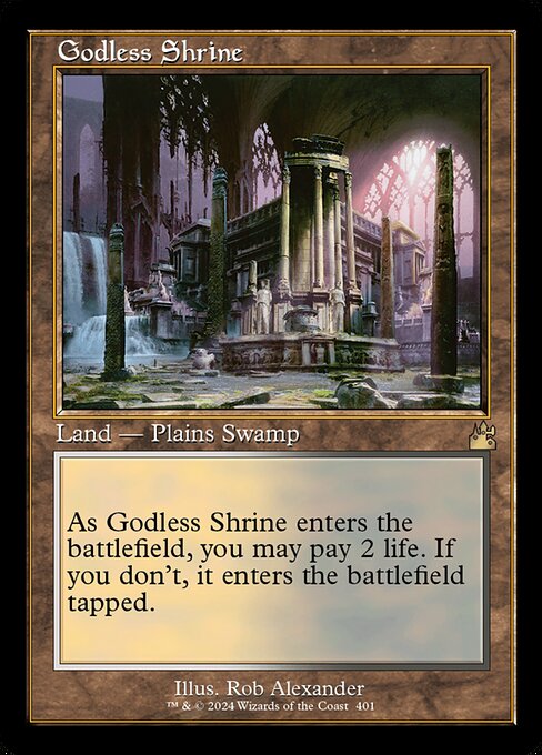 ({T}: Add {W} or {B}.)
As Godless Shrine enters the battlefield, you may pay 2 life. If you don't, it enters the battlefield tapped.