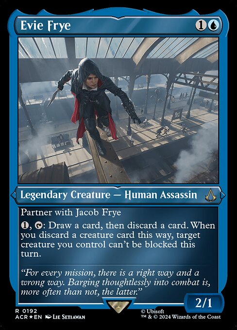 Partner with Jacob Frye (When this creature enters the battlefield, target player may put Jacob into their hand from their library, then shuffle.)
{1}, {T}: Draw a card, then discard a card. When you discard a creature card this way, target creature you control can't be blocked this turn.