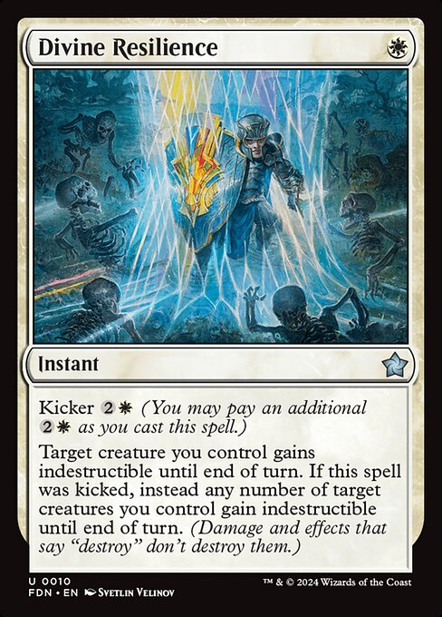 Kicker {2}{W} (You may pay an additional {2}{W} as you cast this spell.)
Target creature you control gains indestructible until end of turn. If this spell was kicked, instead any number of target creatures you control gain indestructible until end of turn. (Damage and effects that say "destroy" don't destroy them.)