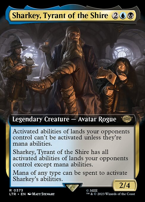 Activated abilities of lands your opponents control can't be activated unless they're mana abilities.
Sharkey, Tyrant of the Shire has all activated abilities of lands your opponents control except mana abilities.
Mana of any type can be spent to activate Sharkey's abilities.