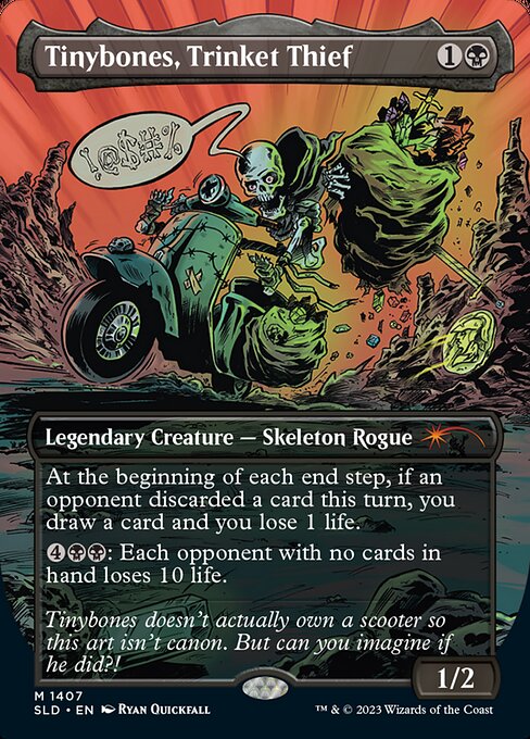 At the beginning of each end step, if an opponent discarded a card this turn, you draw a card and you lose 1 life.
{4}{B}{B}: Each opponent with no cards in hand loses 10 life.