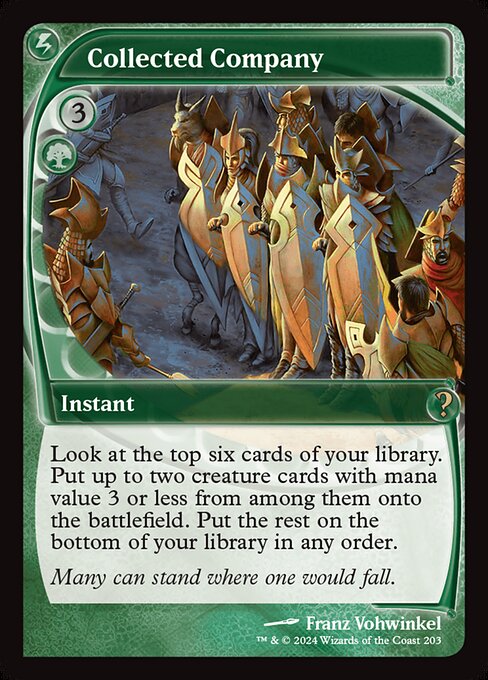 Look at the top six cards of your library. Put up to two creature cards with mana value 3 or less from among them onto the battlefield. Put the rest on the bottom of your library in any order.