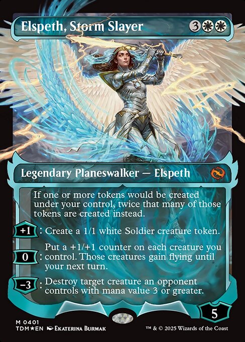 If one or more tokens would be created under your control, twice that many of those tokens are created instead.
+1: Create a 1/1 white Soldier creature token.
0: Put a +1/+1 counter on each creature you control. Those creatures gain flying until your next turn.
−3: Destroy target creature an opponent controls with mana value 3 or greater.