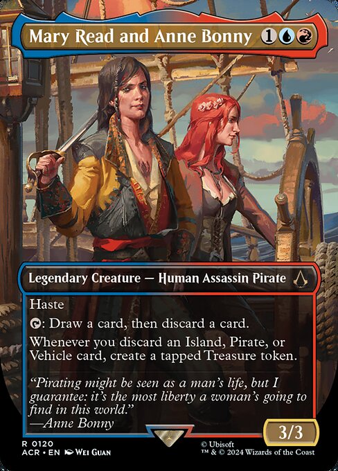 Haste
{T}: Draw a card, then discard a card.
Whenever you discard an Island, Pirate, or Vehicle card, create a tapped Treasure token.