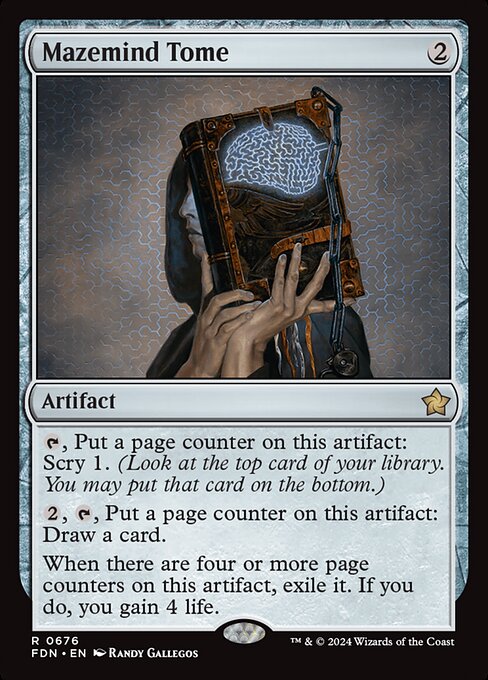 {T}, Put a page counter on this artifact: Scry 1. (Look at the top card of your library. You may put that card on the bottom.)
{2}, {T}, Put a page counter on this artifact: Draw a card.
When there are four or more page counters on this artifact, exile it. If you do, you gain 4 life.