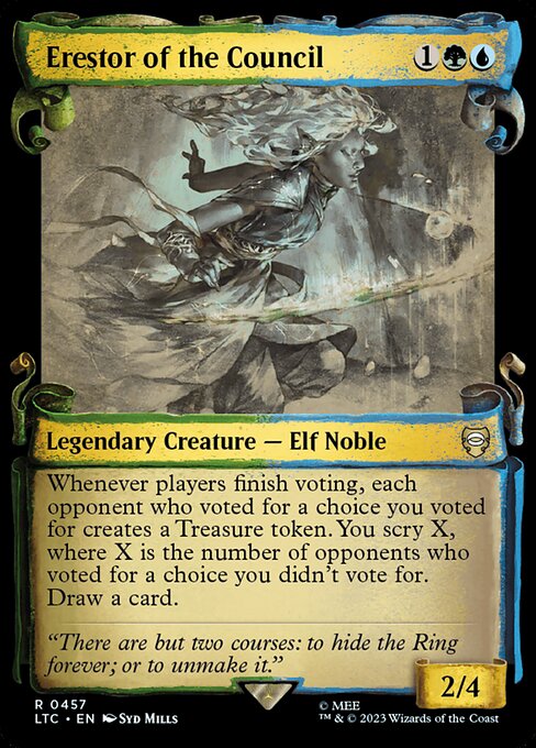 Whenever players finish voting, each opponent who voted for a choice you voted for creates a Treasure token. You scry X, where X is the number of opponents who voted for a choice you didn't vote for. Draw a card.