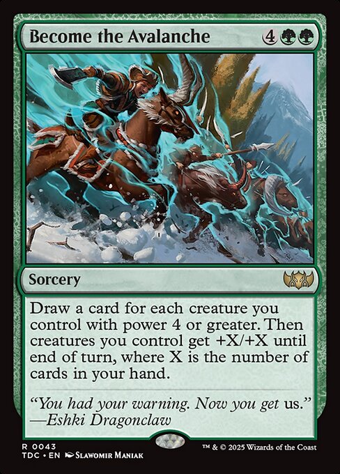 Draw a card for each creature you control with power 4 or greater. Then creatures you control get +X/+X until end of turn, where X is the number of cards in your hand.