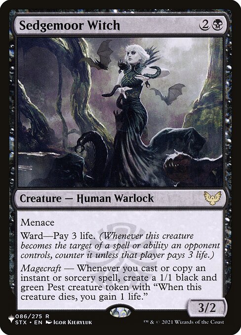 Menace
Ward—Pay 3 life. (Whenever this creature becomes the target of a spell or ability an opponent controls, counter it unless that player pays 3 life.)
Magecraft — Whenever you cast or copy an instant or sorcery spell, create a 1/1 black and green Pest creature token with "When this creature dies, you gain 1 life."