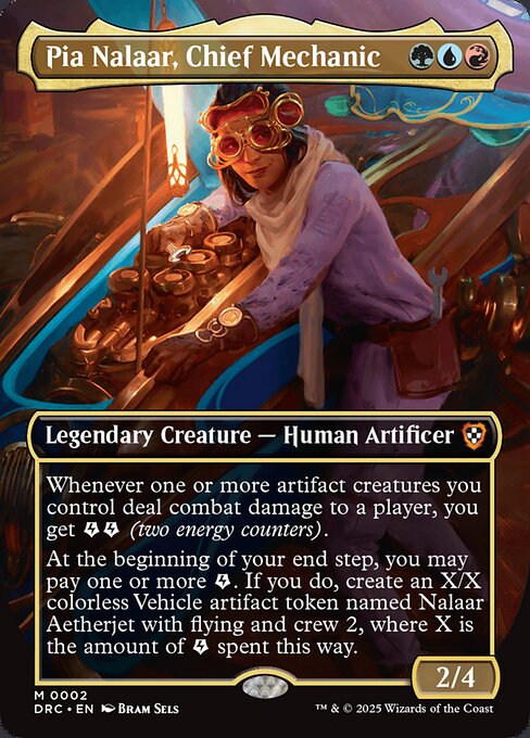 Whenever one or more artifact creatures you control deal combat damage to a player, you get {E}{E} (two energy counters).
At the beginning of your end step, you may pay one or more {E}. If you do, create an X/X colorless Vehicle artifact token named Nalaar Aetherjet with flying and crew 2, where X is the amount of {E} spent this way.